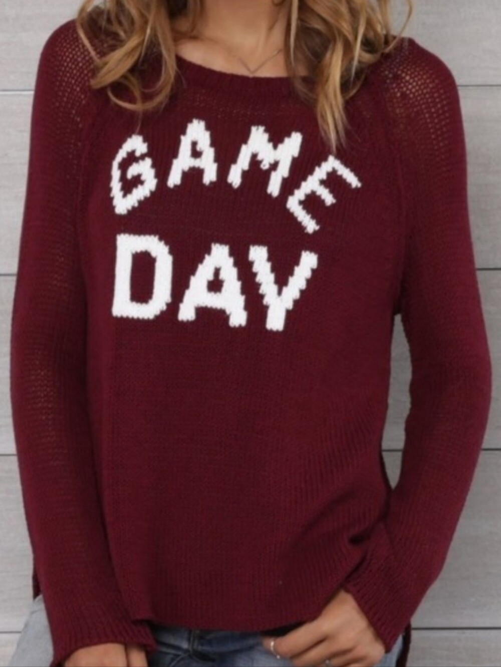 Wooden Ships Burgundy Knit Sweater with White GAME DAY Text